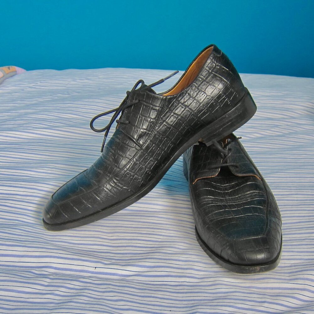 MEN'S POPPY BARLEY Black Crocodile Leather Pattern Oxfords Shoes Size 11